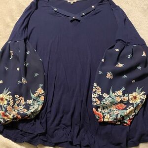 Floral Sleeve Navy Top